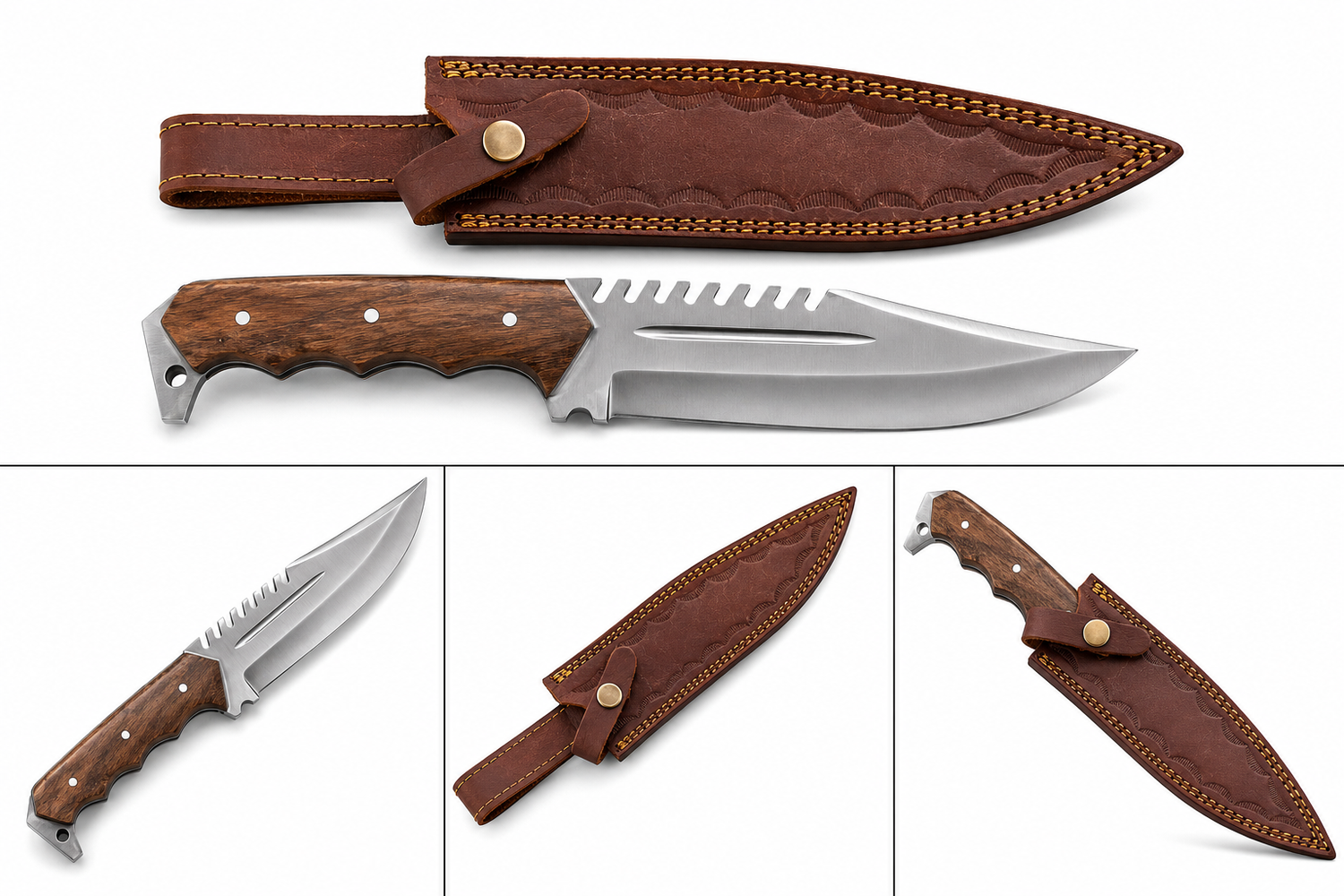 Handcrafted 8" Fixed Blade Hunting Knife with Leather Sheath  Brown Wallnut