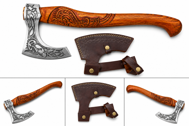 Handcrafted Engraved Viking Axe with Leather Sheath